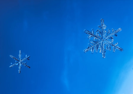 Beautiful snow flake on light blue background close-up