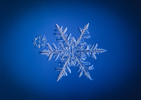 Beautiful snow flake on light blue background close-upの写真素材