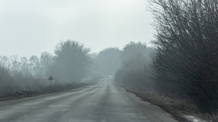 Morning country road in early spring with a small haze on the horizonの写真素材