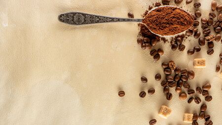 Coffee Beans On Old wrinkled Parchment Paperの写真素材