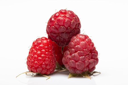 three ripe beautiful raspberry berry on a white background close up