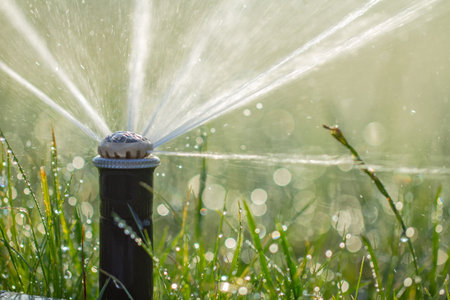 automatic sprinkler system watering the lawn on a background of green grass, close-up