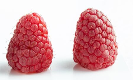 two ripe beautiful raspberry berry on a white background close upの写真素材