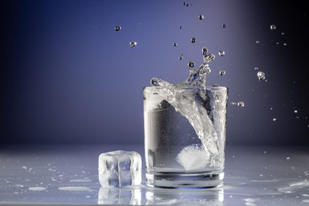 Pouring water into glass on blue background