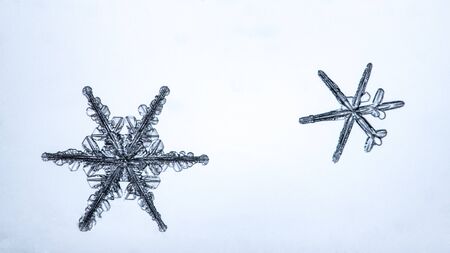 Beautiful snow flake on light blue background close-upの写真素材