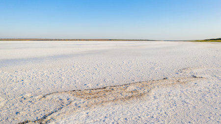 View from the drone. Evening, on the salt lake of Solonets-Tuzla