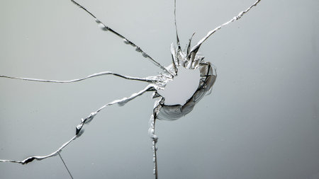 Glass crack broken window. On dark background close up high detail. Cracks in the form of a web.