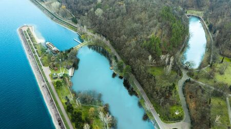 Mezhigorye National Park. View from the drone to the waterfront.の写真素材