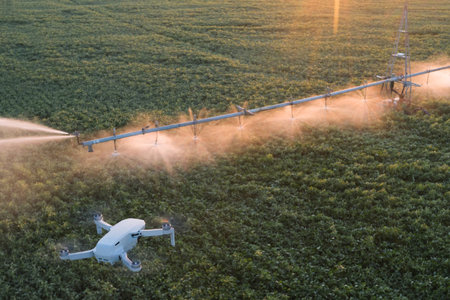 Use of a drone to monitor agricultural work. And the condition of the fields. The quadcopter observes the operation of the automatic watering system on a green field at dawn.の写真素材