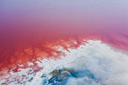 Sunset on Lake Lemuria. Red salt lies on the shore.