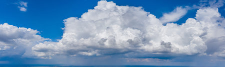 Bright blue sky with white clouds. Panorama. Natural background.