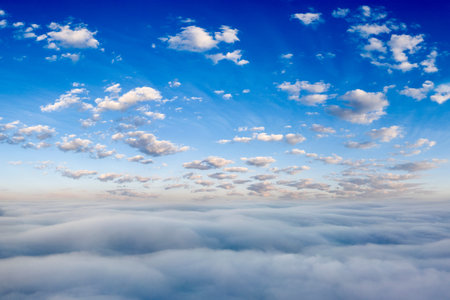 Bright blue sky with white clouds. Panorama. Natural background.の写真素材