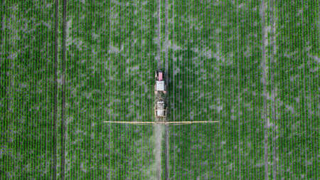 Spring agricultural work in the fields. The tractor sprays crops with herbicides, insecticides and pesticides.の写真素材