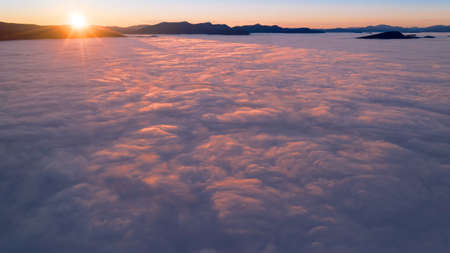 Panorama of the sky, aerial view, dawn or sunset, blue hour.の写真素材