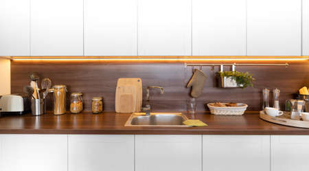 Modern bright kitchen in Art Nouveau style, in a clean interior.の写真素材