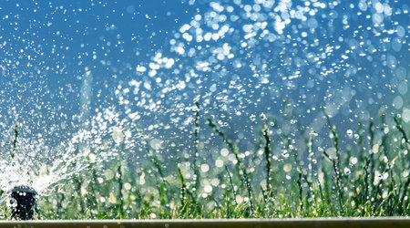 The nozzle of the automatic watering system waters a green lawn.