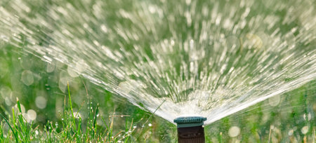 The rotary nozzle of the automatic watering system waters the juicy young green lawn grass.
