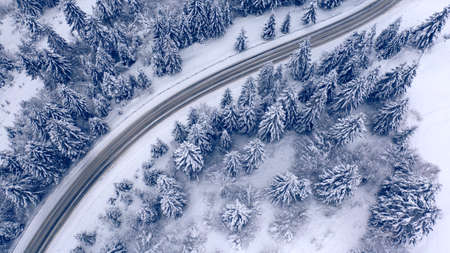 Road in the winter mountain forest. Drone view.の写真素材