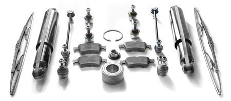 Set for repair of a brake suspension bracket and washing of glass. Hub bearing, hydraulic rack, brake pads, front and rear stabilizer bars on a white background.の写真素材