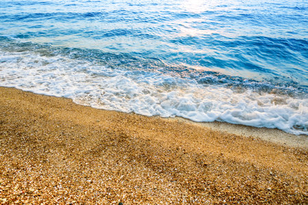 Empty tropical wild beach, light sand and blue clear water. Aerial view.