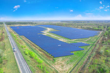 Large solar power plant, environmentally friendly source of electricity. Drone view.の写真素材