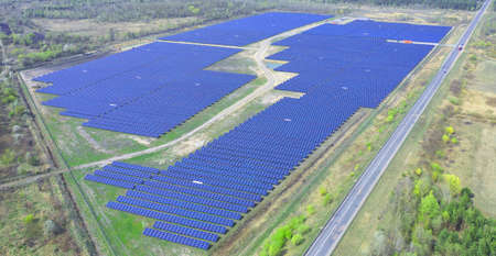 Large solar power plant, environmentally friendly source of electricity. Drone view.の写真素材