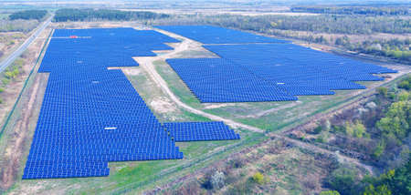 Large solar power plant, environmentally friendly source of electricity. Drone view.の写真素材