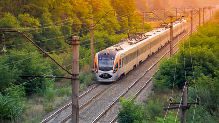 Dawn over the forest through which the railway line runs. Wonderful summer bright landscape.の写真素材