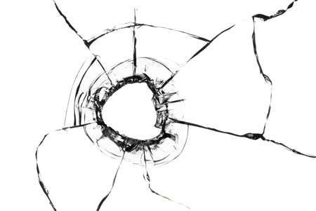 Collage of cracks in the glass, a hole from bullets in the glass on a white background. Window glass texture.の写真素材