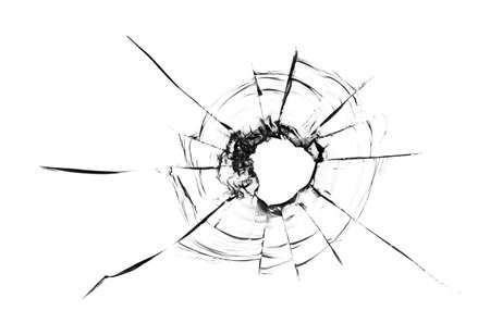 Collage of cracks in the glass, a hole from bullets in the glass on a white background. Window glass texture.の写真素材
