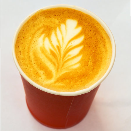 Cup of art latte in a paper cup on a wooden table, top view.の写真素材