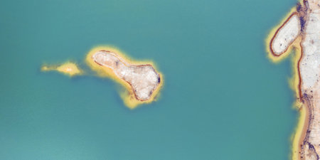 Quarry for mining and enrichment of titanium and other rare ores. Blue water in the enrichment tank.