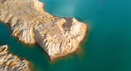 Quarry for mining and enrichment of titanium and other rare ores. Blue water in the enrichment tank.