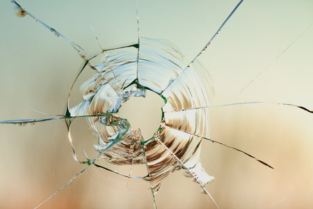 Cracks in the window glass on a background of sky.の写真素材