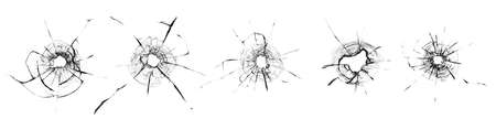Collage of cracks in the glass, a hole from bullets in the glass on a white background. window glass texture.の写真素材