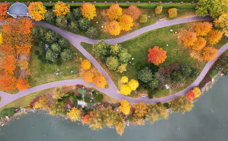 Autumn landscape park with a great variety of plants. drone view. Mezhyhirya National Nature Park.の写真素材