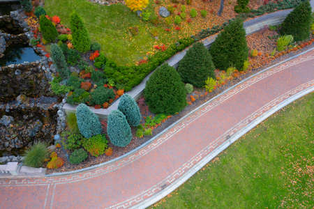 Autumn landscape park with a great variety of plants. drone view. Mezhyhirya National Nature Park.の写真素材