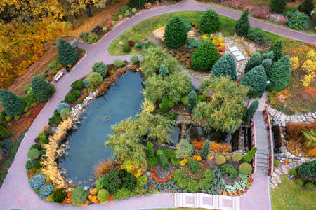 Autumn landscape park with a great variety of plants. drone view. Mezhyhirya National Nature Park.の写真素材