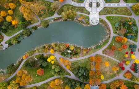 Autumn landscape park with a great variety of plants. drone view. Mezhyhirya National Nature Park.の写真素材