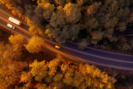 drone view. High quality asphalt road through the forest in Central Europe.の写真素材