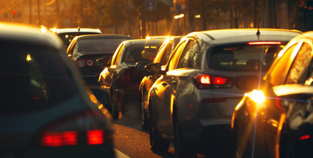 Traffic jam at sunset. Paralyzed traffic on city streets. selective focus.の写真素材