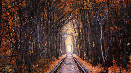 Railway in the woods. Tunnel of trees over the railway. Favorite place for walks of couples in love....