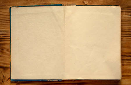 An old unfolded, tattered and yellowed book with blank pages.の写真素材