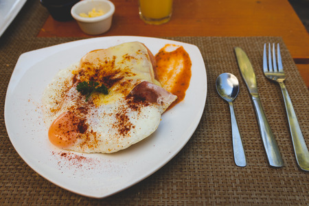 Delicious breakfast - eggs, jam, paprika, baconの写真素材