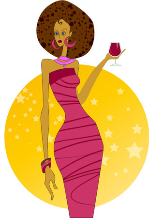 dark-skinned girl at a party with a glass of wineのイラスト素材