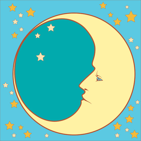 crescent moon in profile with stars  in squaredのイラスト素材