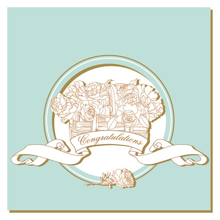 card with basket of roses in blue frameのイラスト素材