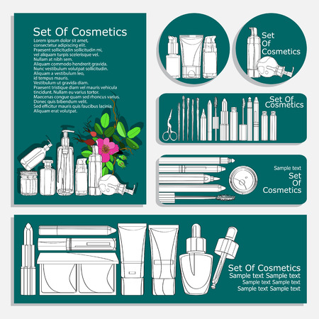 set of flyers for cosmetic products. vector set of corporate identity printed materials - brochures, folder, CD label, flyers, bannersのイラスト素材
