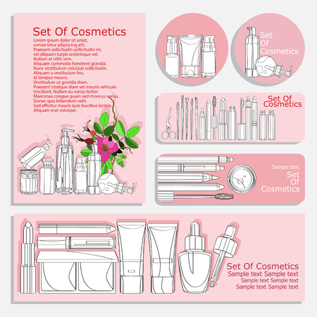set of flyers for cosmetic products. vector set of corporate identity printed materials - brochures, folder, CD label, flyers, bannersのイラスト素材