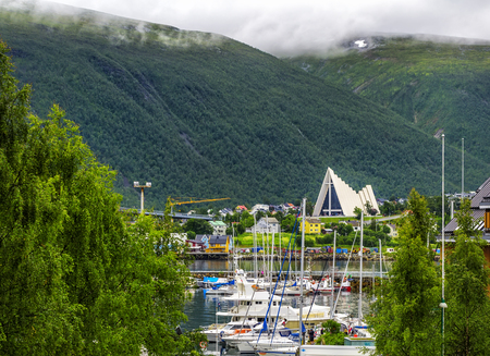 Arctic cathedral in Tromso city in northern Norway. Tromso is considered the northernmost city in the world with a population above 50,000.の写真素材